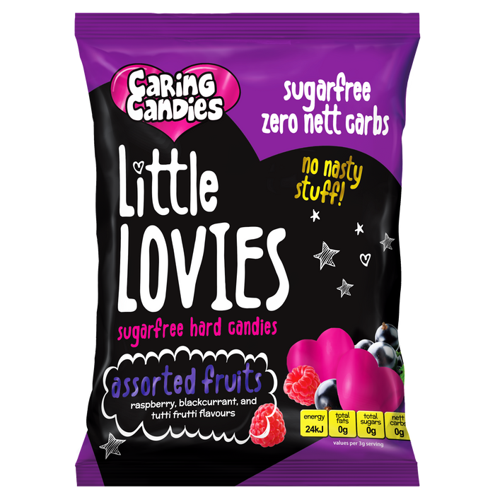 Packet of assorted diabetic sugar free fruit flavoured heart shaped sweets called Little Lovies by Caring Candies. Ideal for those following an ADHD, diabetic, gluten free, sugar free, keto, banting, low carb, or plant based vegan lifestyle diet.