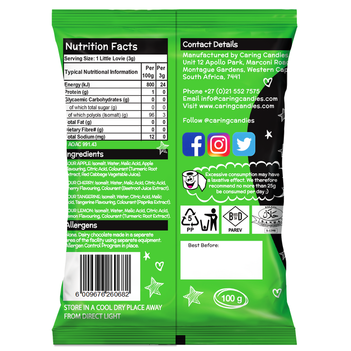 Back view of Packet of assorted diabetic sugar free sour flavoured heart shaped sweets called Little Lovies by Caring Candies. Ideal for those following an ADHD, diabetic, gluten free, sugar free, keto, banting, low carb, or plant based vegan lifestyle diet.