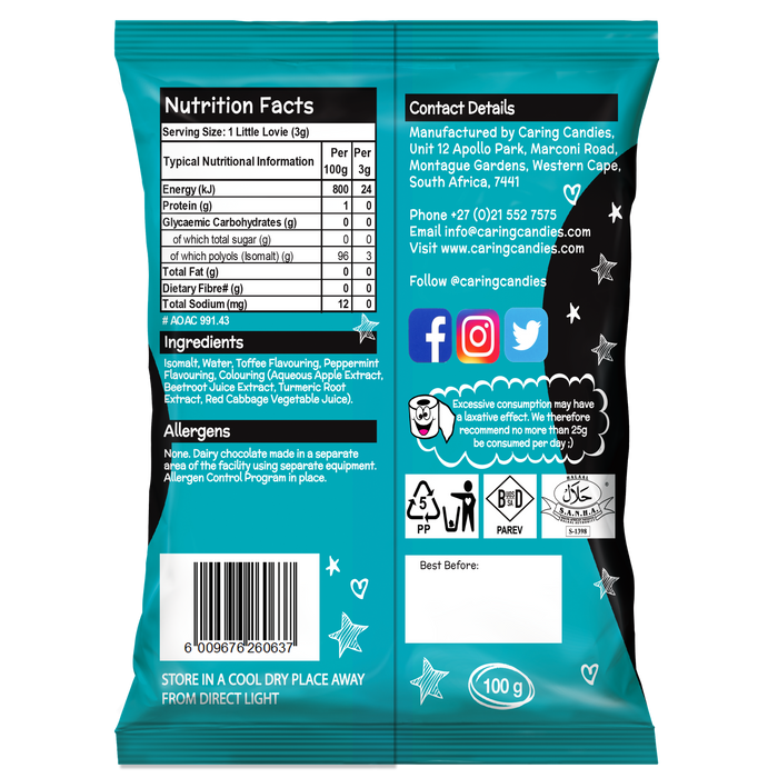 Back view of Packet of assorted diabetic sugar free toffee mint humbug flavoured heart shaped sweets called Little Lovies by Caring Candies. Ideal for those following an ADHD, diabetic, gluten free, sugar free, keto, banting, low carb, or plant based vegan lifestyle diet.