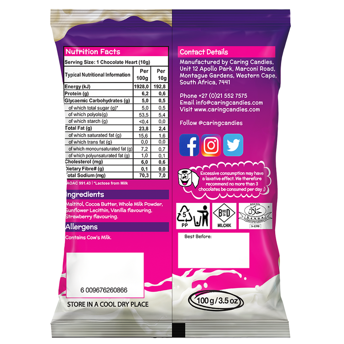 Back view of Packet of diabetic strawberry flavoured white chocolate hearts called Little Luvbites by Caring Candies. Ideal for those following an ADHD, diabetic, gluten free, sugar free, keto, banting, and low carb lifestyle diet