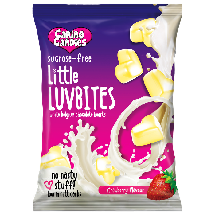 Packet of diabetic white chocolate hearts called Little Luvbites by Caring Candies. Ideal for those following an ADHD, diabetic, gluten free, sugar free, keto, banting, and low carb lifestyle diet