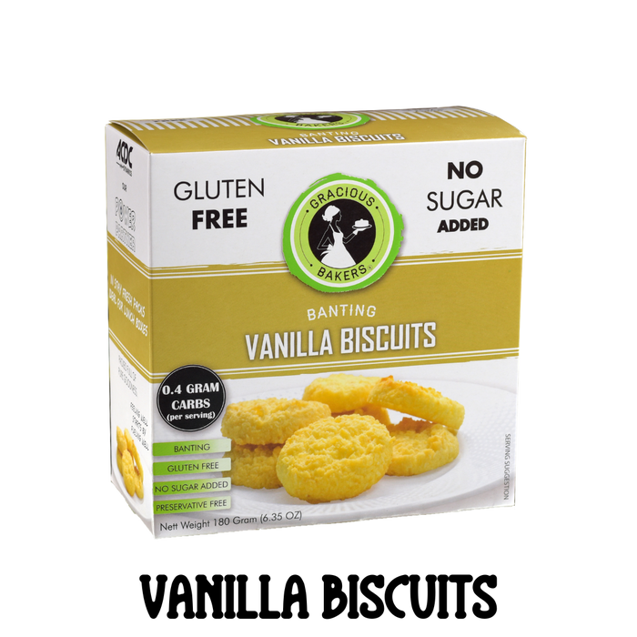 Front view of box of sugarfree and glutenfree Gracious Bakers Biscuits. Suitable for Diabetic, Keto and Banting Eating Plans