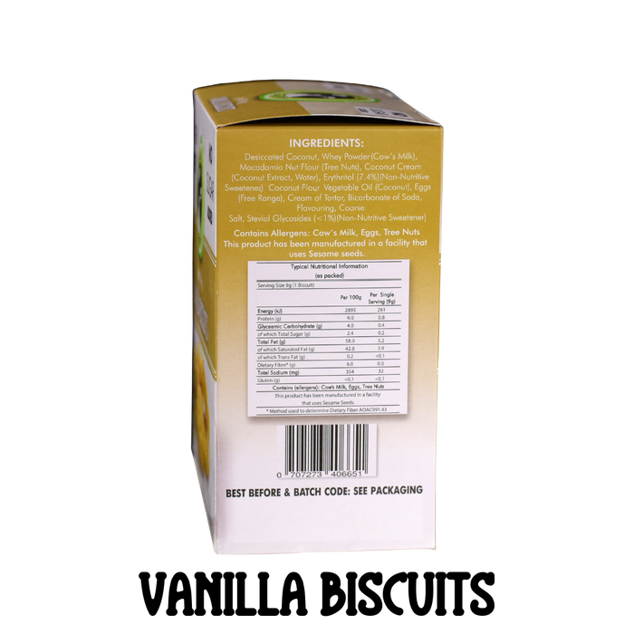 Side view showing ingredients and nutritional information for a box of sugarfree and glutenfree Gracious Bakers Biscuits. Suitable for Diabetic, Keto and Banting Eating Plans