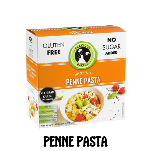 Gluten free Penne Pasta from Gracious Bakers. Sugar free, and suitable for Diabetics, banting, and keto diets