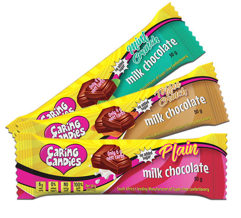 Assorted diabetic 50g milk chocolate bars from Caring Candies. Ideal for those following an ADHD, diabetic, gluten free, sugar free, keto, banting, and low carb lifestyle diet.