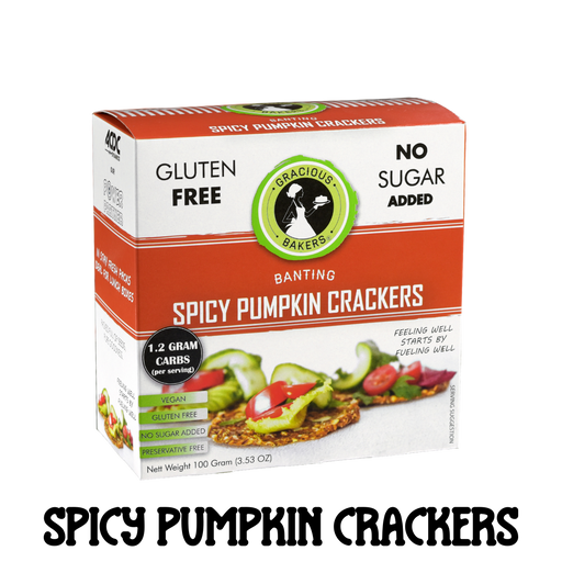Gluten free Spicy Pumpkin Seed Crackers from Gracious Bakers. Sugar free, and suitable for Diabetics, banting, and keto diets
