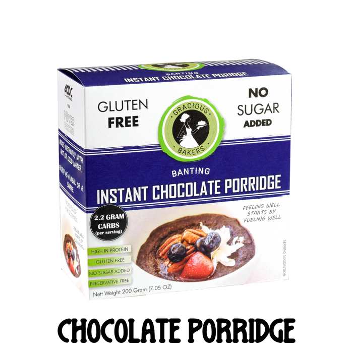 Gluten free chocolate porridge from Gracious Bakers. Sugar free, and suitable for Diabetics, banting, and keto diets