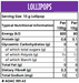 caring candies nutrition facts table showing little lollipops energy, protein, carbohydrates, glycemic or net carbs, total sugars, total fats, fibre, and sodium